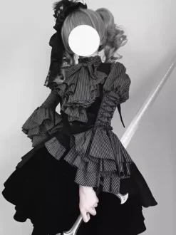Gothic Lolita Outfits Stripes Ruffles Blouse and Waistcoat and black Skirt three piece suit