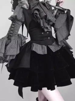 Gothic Lolita Outfits Stripes Ruffles Blouse and Waistcoat and black Skirt three piece suit