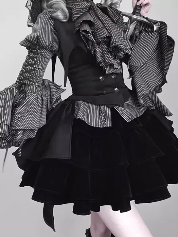 Gothic Lolita Outfits Stripes Ruffles Blouse and Waistcoat and black Skirt three piece suit