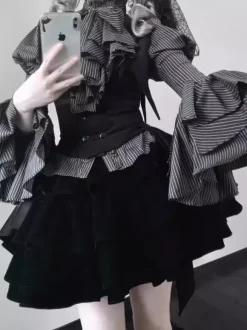 Gothic Lolita Outfits Stripes Ruffles Blouse and Waistcoat and black Skirt three piece suit