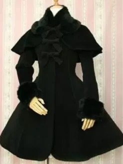 Gothic Lolita Overcoat Bows A Line White Lolita Coat With Detachable Fur And Cape
