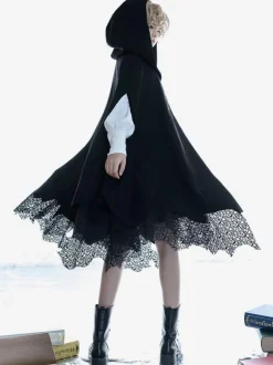 Gothic Lolita Poncho Black Polyester Winter Lolita Poncho Cape Outwears