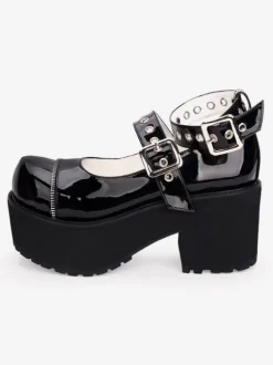 Gothic Lolita Pumps Black Platform Chunky Heel Leather Lolita Shoes