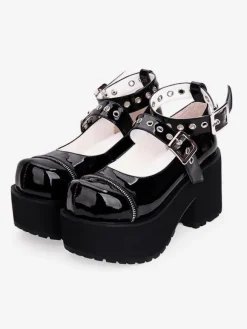 Gothic Lolita Pumps Black Platform Chunky Heel Leather Lolita Shoes