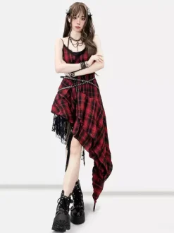 Gothic Lolita Punk Dresses Lace Up Plaid Red And Black Sleeveless Gothic Corset JSK Lolita Dress