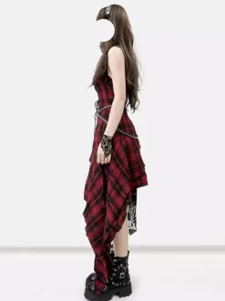 Gothic Lolita Punk Dresses Lace Up Plaid Red And Black Sleeveless Gothic Corset JSK Lolita Dress