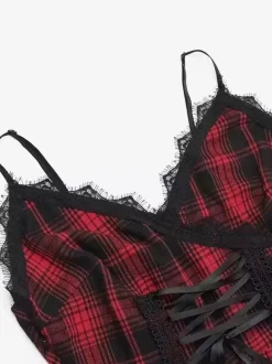 Gothic Lolita Punk Dresses Lace Up Plaid Red And Black Sleeveless Gothic Corset JSK Lolita Dress