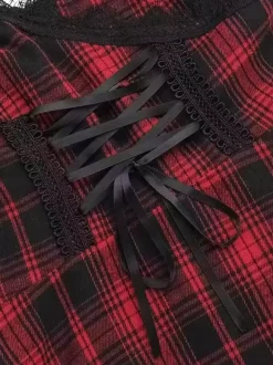 Gothic Lolita Punk Dresses Lace Up Plaid Red And Black Sleeveless Gothic Corset JSK Lolita Dress