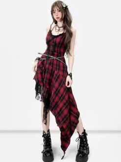 Gothic Lolita Punk Dresses Lace Up Plaid Red And Black Sleeveless Gothic Corset JSK Lolita Dress