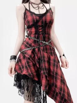 Gothic Lolita Punk Dresses Lace Up Plaid Red And Black Sleeveless Gothic Corset JSK Lolita Dress