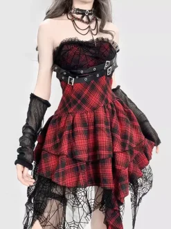 Gothic Lolita Punk Dresses Plaid Red And Black Sleeveless Corset JSK Lolita Dress
