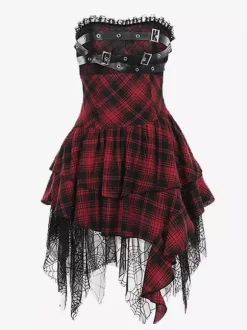 Gothic Lolita Punk Dresses Plaid Red And Black Sleeveless Corset JSK Lolita Dress