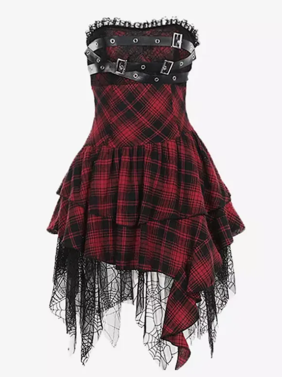 Gothic Lolita Punk Dresses Plaid Red And Black Sleeveless Corset JSK Lolita Dress