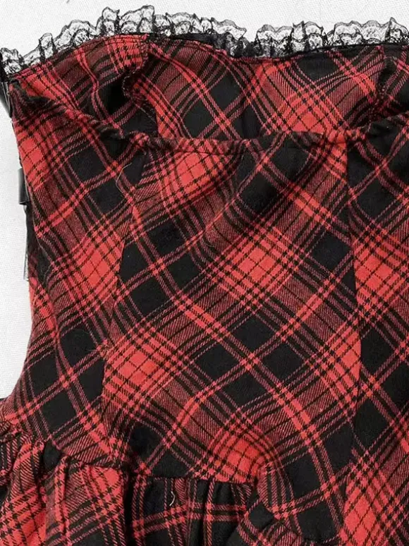 Gothic Lolita Punk Dresses Plaid Red And Black Sleeveless Corset JSK Lolita Dress