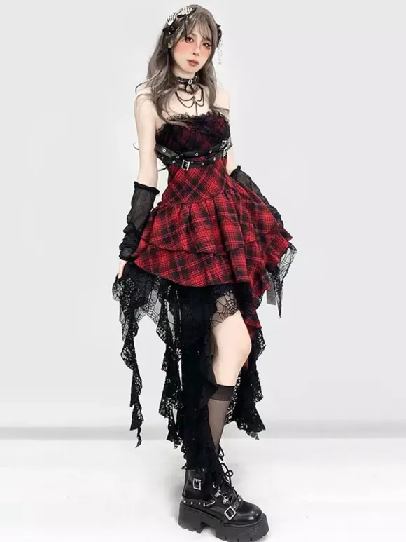 Gothic Lolita Punk Dresses Plaid Red And Black Sleeveless Corset JSK Lolita Dress