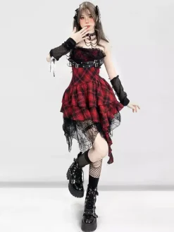 Gothic Lolita Punk Dresses Plaid Red And Black Sleeveless Corset JSK Lolita Dress