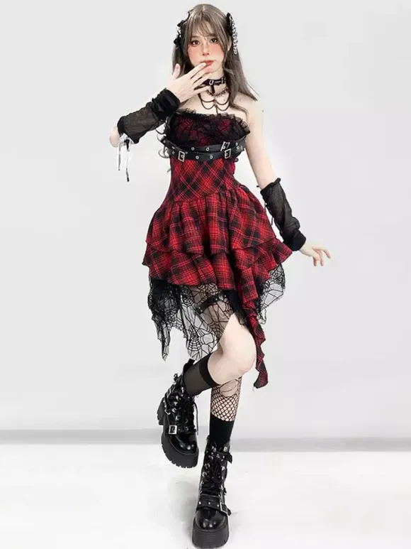 Gothic Lolita Punk Dresses Plaid Red And Black Sleeveless Corset JSK Lolita Dress