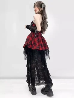 Gothic Lolita Punk Dresses Plaid Red And Black Sleeveless Corset JSK Lolita Dress