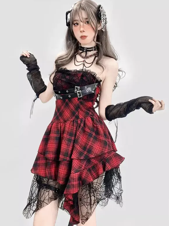 Gothic Lolita Punk Dresses Plaid Red And Black Sleeveless Corset JSK Lolita Dress