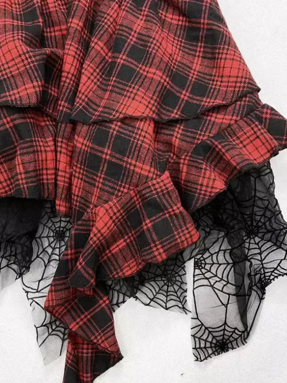 Gothic Lolita Punk Dresses Plaid Red And Black Sleeveless Corset JSK Lolita Dress