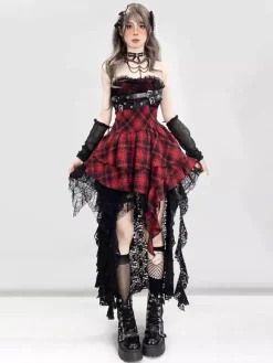 Gothic Lolita Punk Dresses Plaid Red And Black Sleeveless Corset JSK Lolita Dress