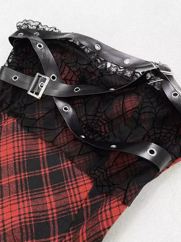 Gothic Lolita Punk Dresses Plaid Red And Black Sleeveless Corset JSK Lolita Dress