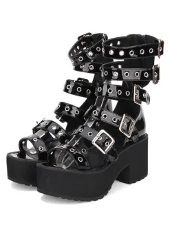 Gothic Lolita Sandal Grommet Buckle Platform Chunky Heel Black Lolita Shoes