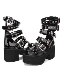 Gothic Lolita Sandal Grommet Buckle Platform Chunky Heel Black Lolita Shoes
