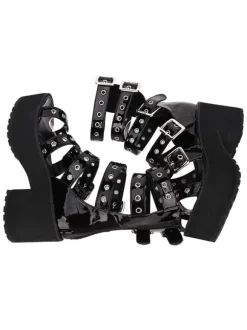 Gothic Lolita Sandal Grommet Buckle Platform Chunky Heel Black Lolita Shoes
