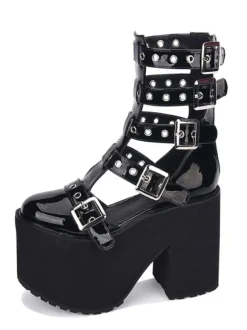 Gothic Lolita Sandal Grommet Buckle Platform Glazed Black Lolita Shoes