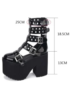 Gothic Lolita Sandal Grommet Buckle Platform Glazed Black Lolita Shoes