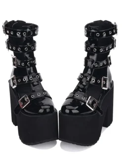 Gothic Lolita Sandal Grommet Buckle Platform Glazed Black Lolita Shoes