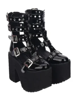 Gothic Lolita Sandal Grommet Buckle Platform Glazed Black Lolita Shoes