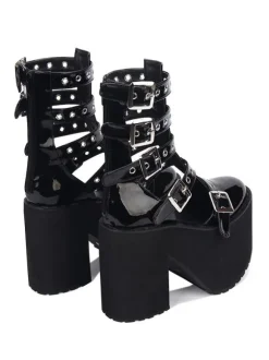 Gothic Lolita Sandal Grommet Buckle Platform Glazed Black Lolita Shoes