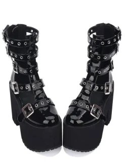 Gothic Lolita Sandal Grommet Buckle Platform Glazed Black Lolita Shoes