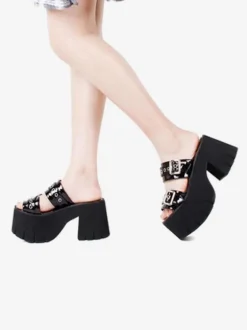 Gothic Lolita Sandals Black Patent PU Upper Round Toe Lolita Summer Shoes