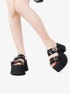 Gothic Lolita Sandals Black Patent PU Upper Round Toe Lolita Summer Shoes