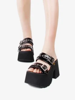 Gothic Lolita Sandals Black Patent PU Upper Round Toe Lolita Summer Shoes