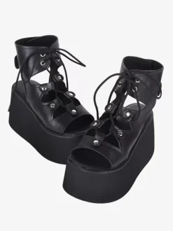 Gothic Lolita Sandals Grommets Open Toe Metallic PU Leather Black Lolita Summer Shoes