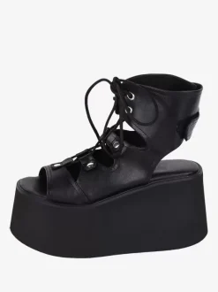 Gothic Lolita Sandals Grommets Open Toe Metallic PU Leather Black Lolita Summer Shoes