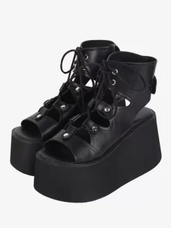 Gothic Lolita Sandals Grommets Open Toe Metallic PU Leather Black Lolita Summer Shoes