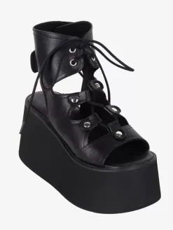 Gothic Lolita Sandals Grommets Open Toe Metallic PU Leather Black Lolita Summer Shoes
