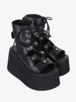 Gothic Lolita Sandals Grommets Open Toe Metallic PU Leather Black Lolita Summer Shoes