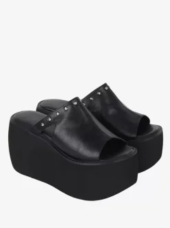 Gothic Lolita Sandals Rivets Open Toe Floral Print PU Leather Black Lolita Summer Shoes