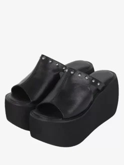 Gothic Lolita Sandals Rivets Open Toe Floral Print PU Leather Black Lolita Summer Shoes