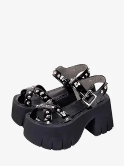 Gothic Lolita Sandals Rivets Round Toe Patent PU Upper Black Lolita Summer Shoes