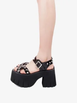 Gothic Lolita Sandals Rivets Round Toe Patent PU Upper Black Lolita Summer Shoes