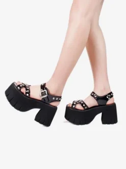 Gothic Lolita Sandals Rivets Round Toe Patent PU Upper Black Lolita Summer Shoes
