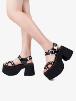 Gothic Lolita Sandals Rivets Round Toe Patent PU Upper Black Lolita Summer Shoes