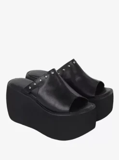 Gothic Lolita Sandals Rivets Open Toe Floral Print PU Leather Black Lolita Summer Shoes